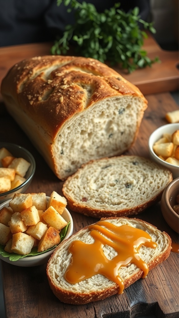 Versatile Uses for Sourdough Bread Sliced sourdough bread with a sandwich, croutons, and bread pudding in a rustic kitchen setting.